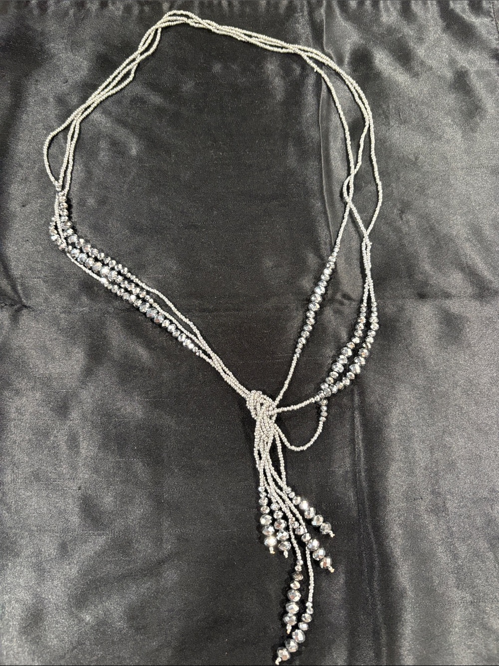 Elegant Multi-Strand Silver Beaded Lariat Necklace